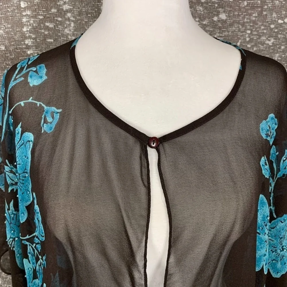 Vintage Eva Blue Plus Floral Sheer Kimono Top Blue/Brown Y2K Women's 22W